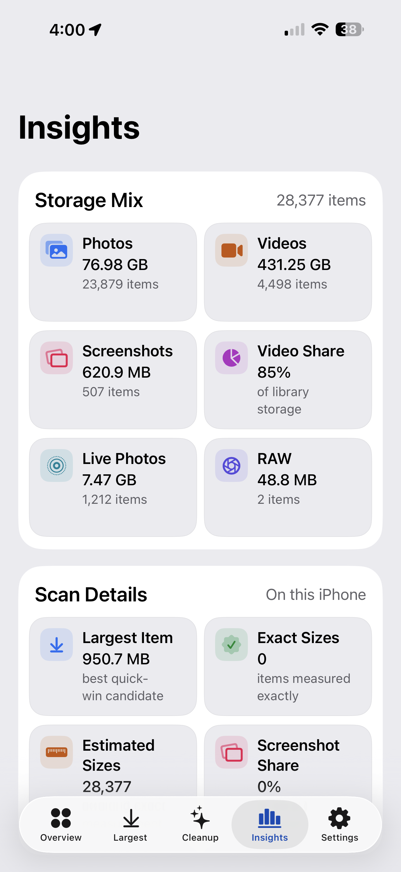 Insights screen in the FrameWeight iPhone app