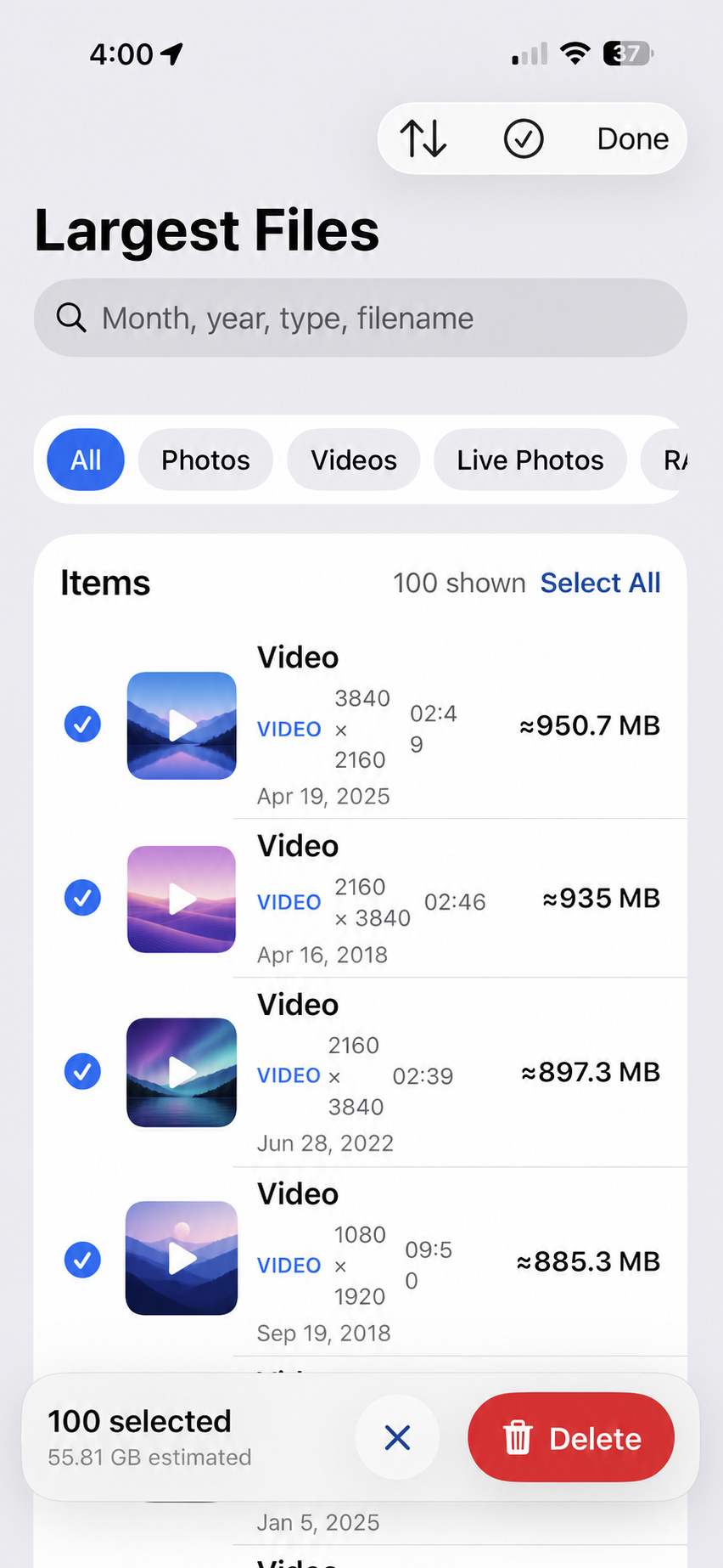 Largest files screen in the FrameWeight iPhone app